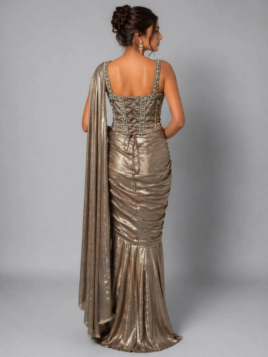 glamorous gold drape saree