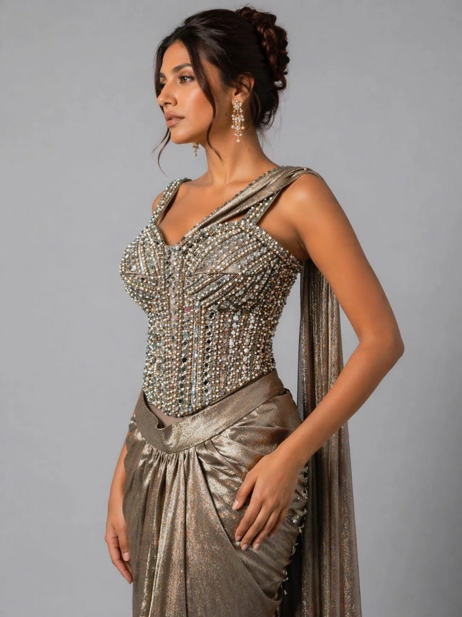 glamorous gold drape saree