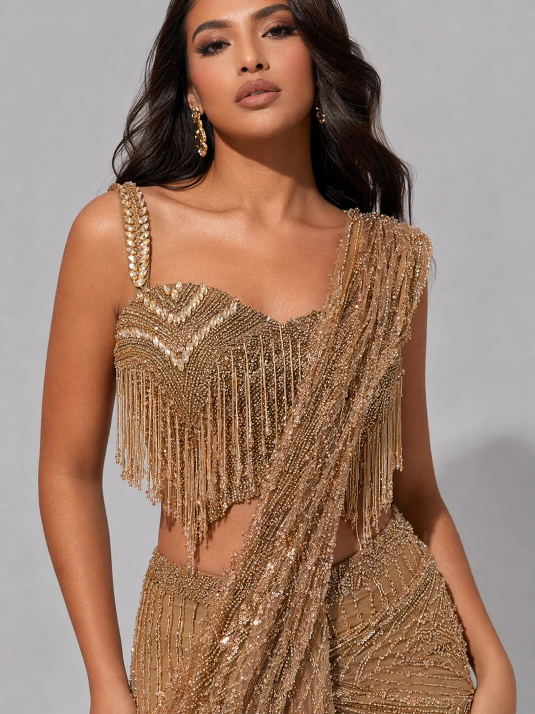 gold beaded drape saree
