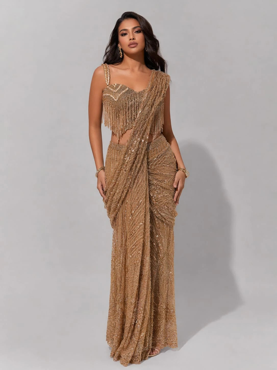 gold beaded drape saree