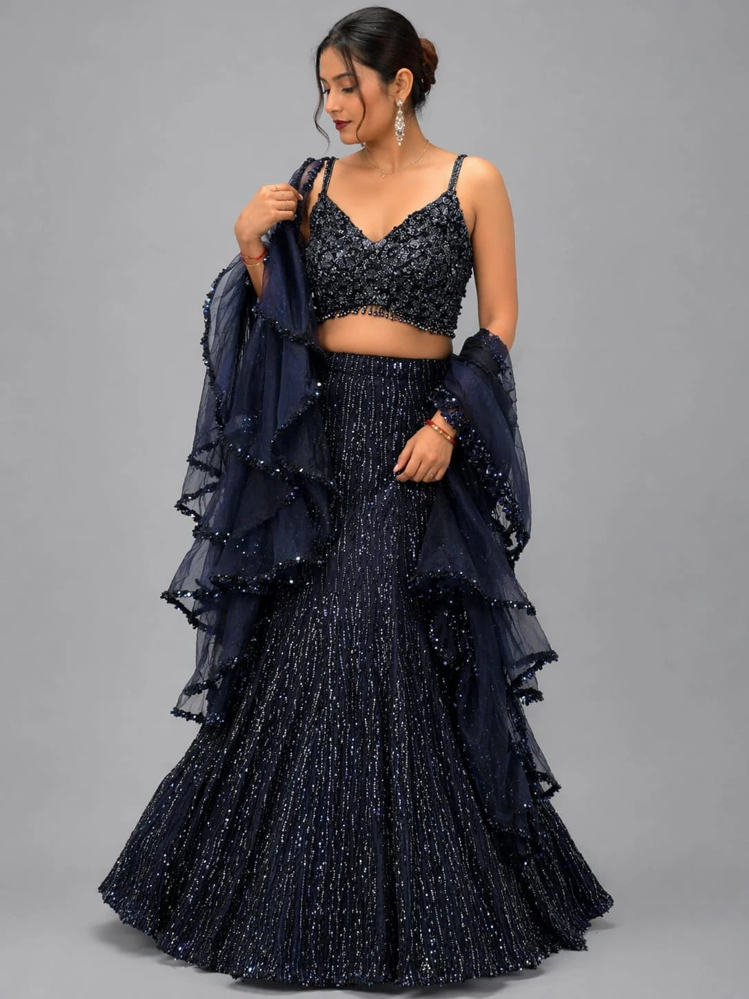 Navy blue layered lehenga