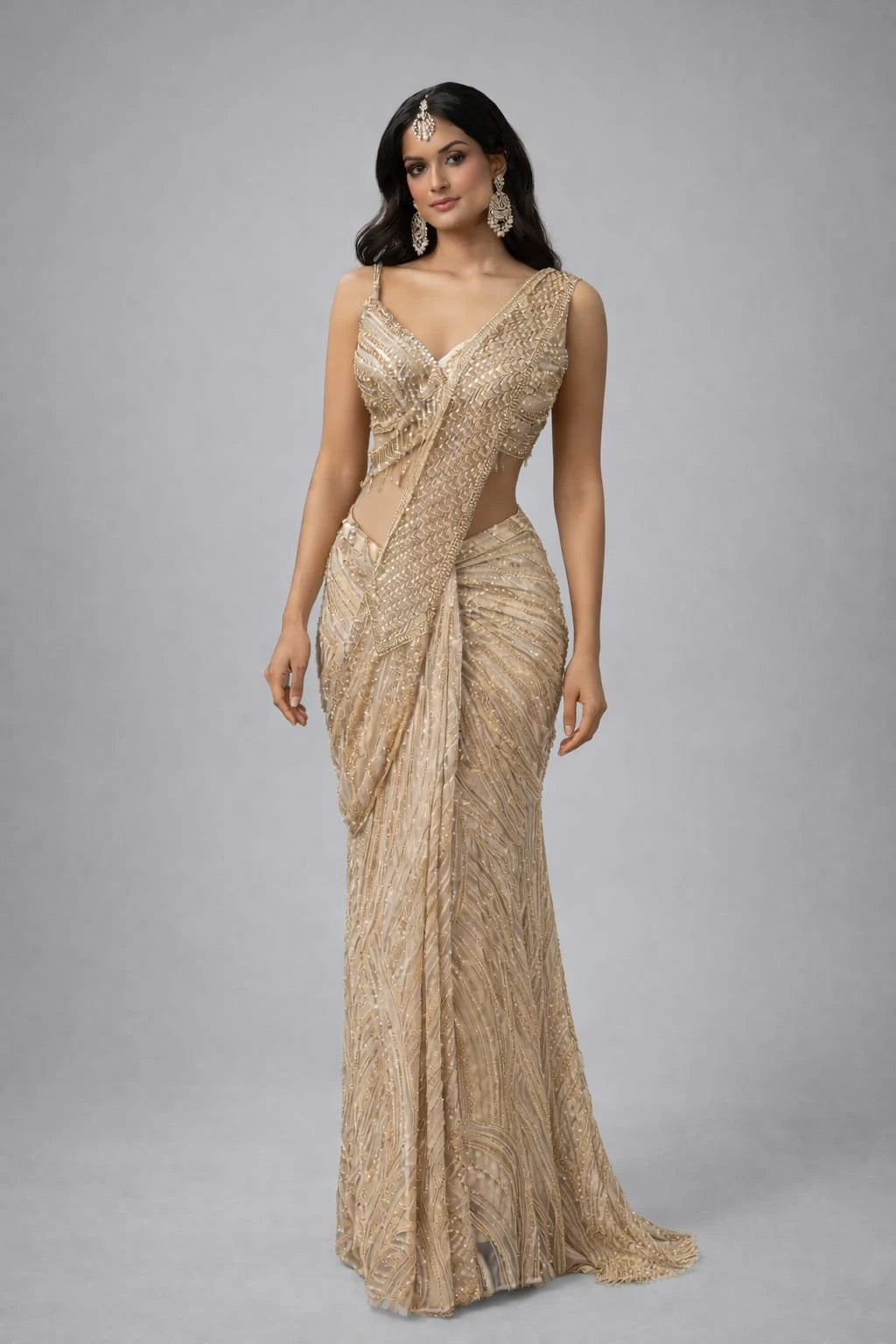 gold pre-drape saree