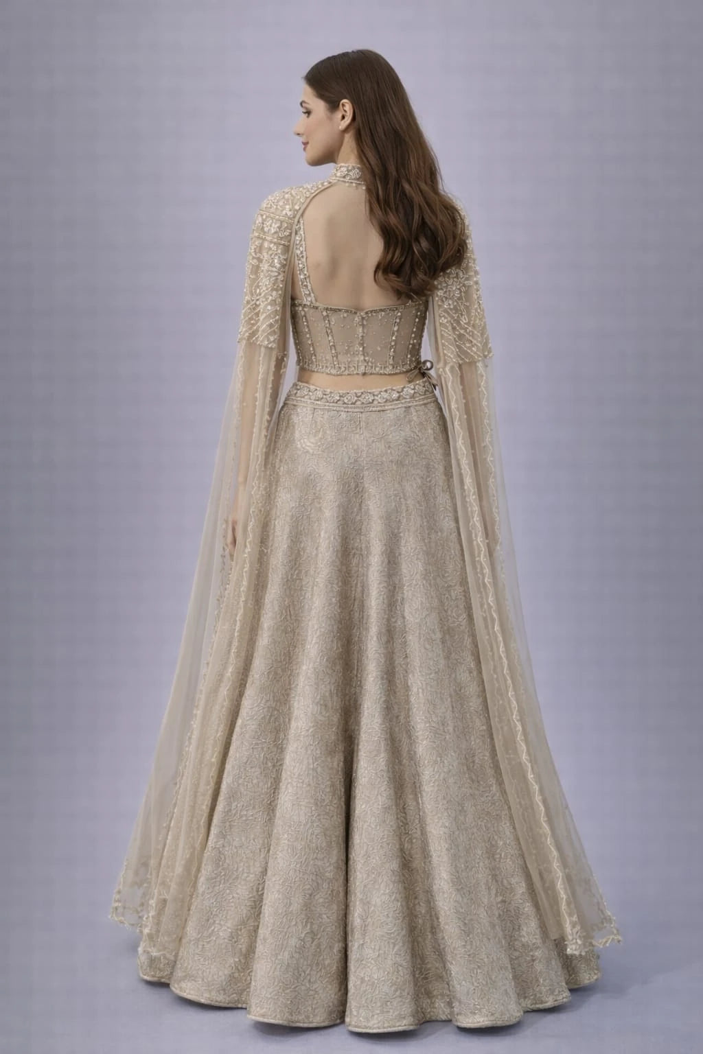 chiku cape style lehenga 