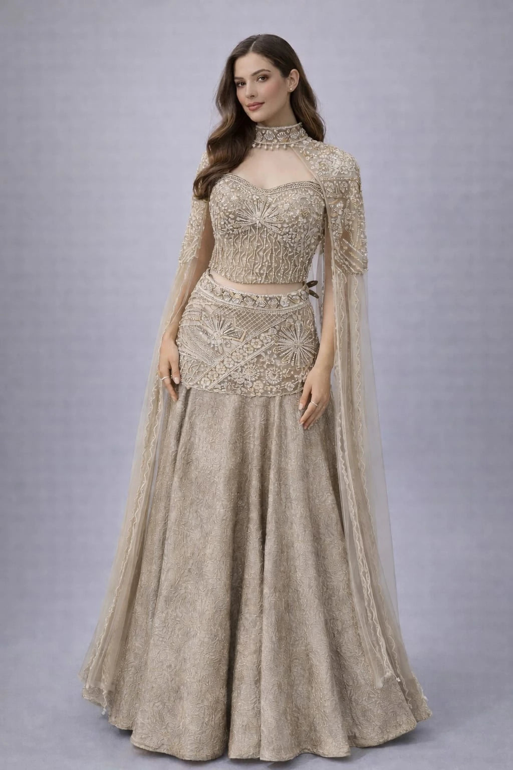 chiku cape style lehenga 