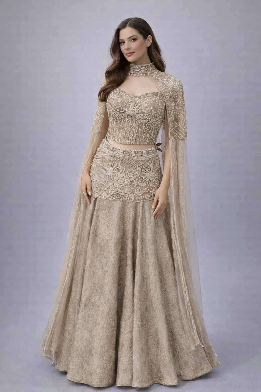 chiku cape style lehenga 