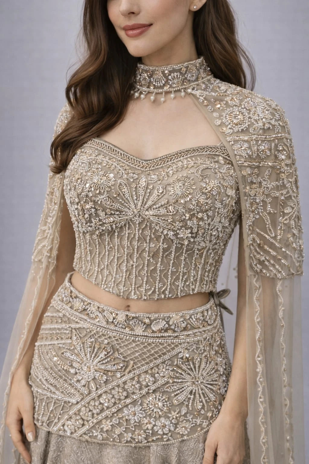 chiku cape style lehenga 