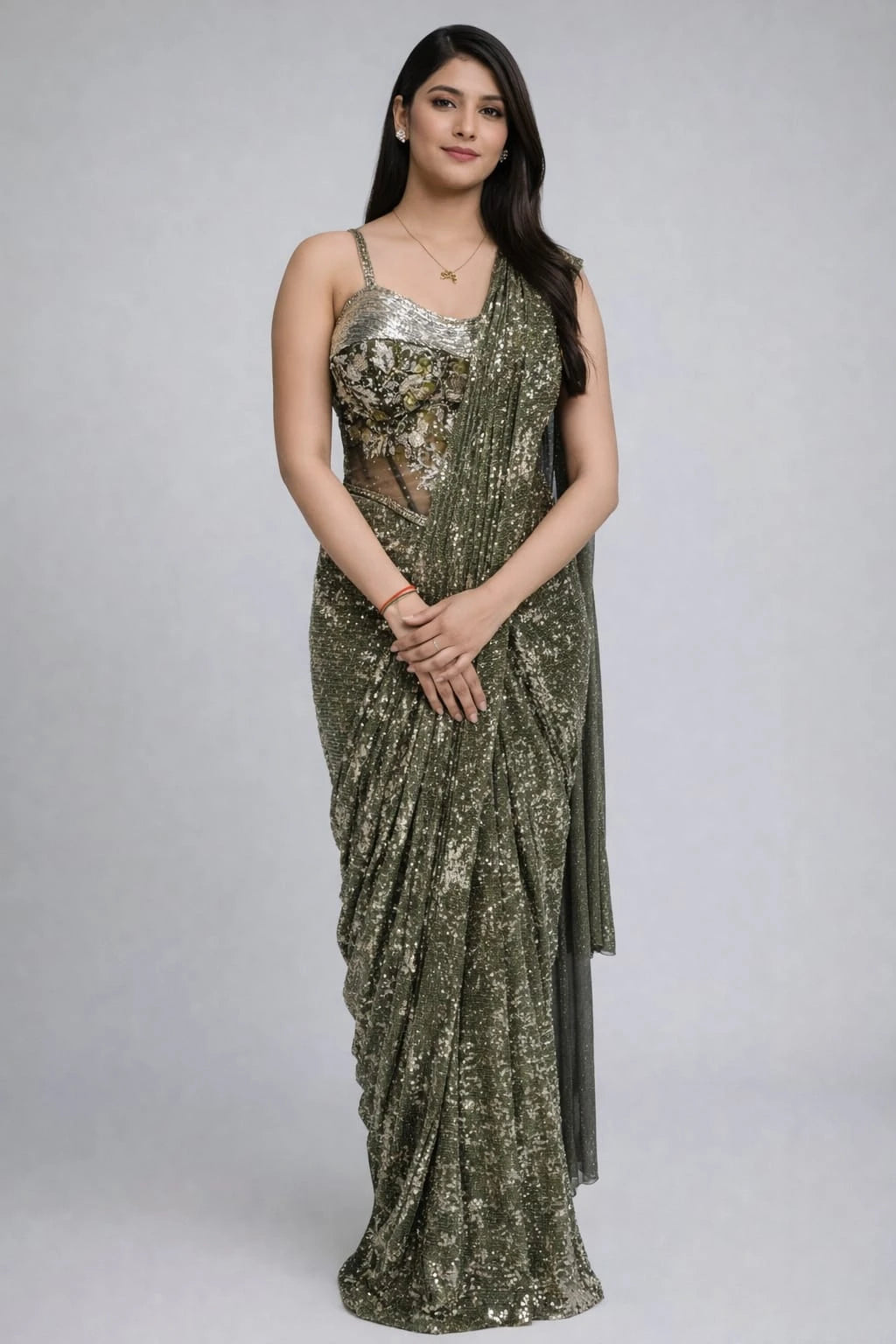olive green drape saree
