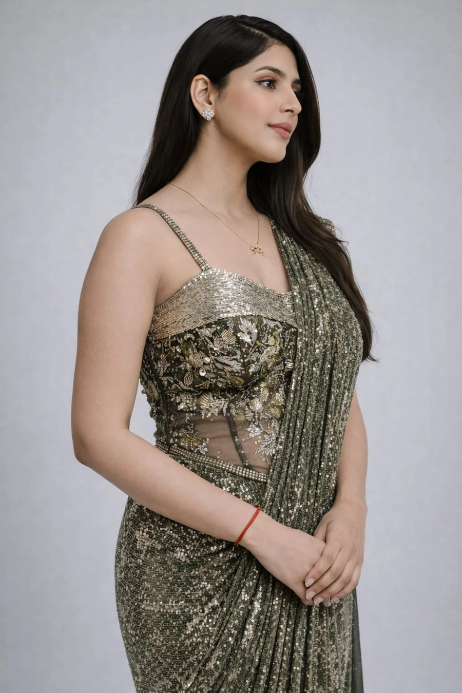 olive green drape saree