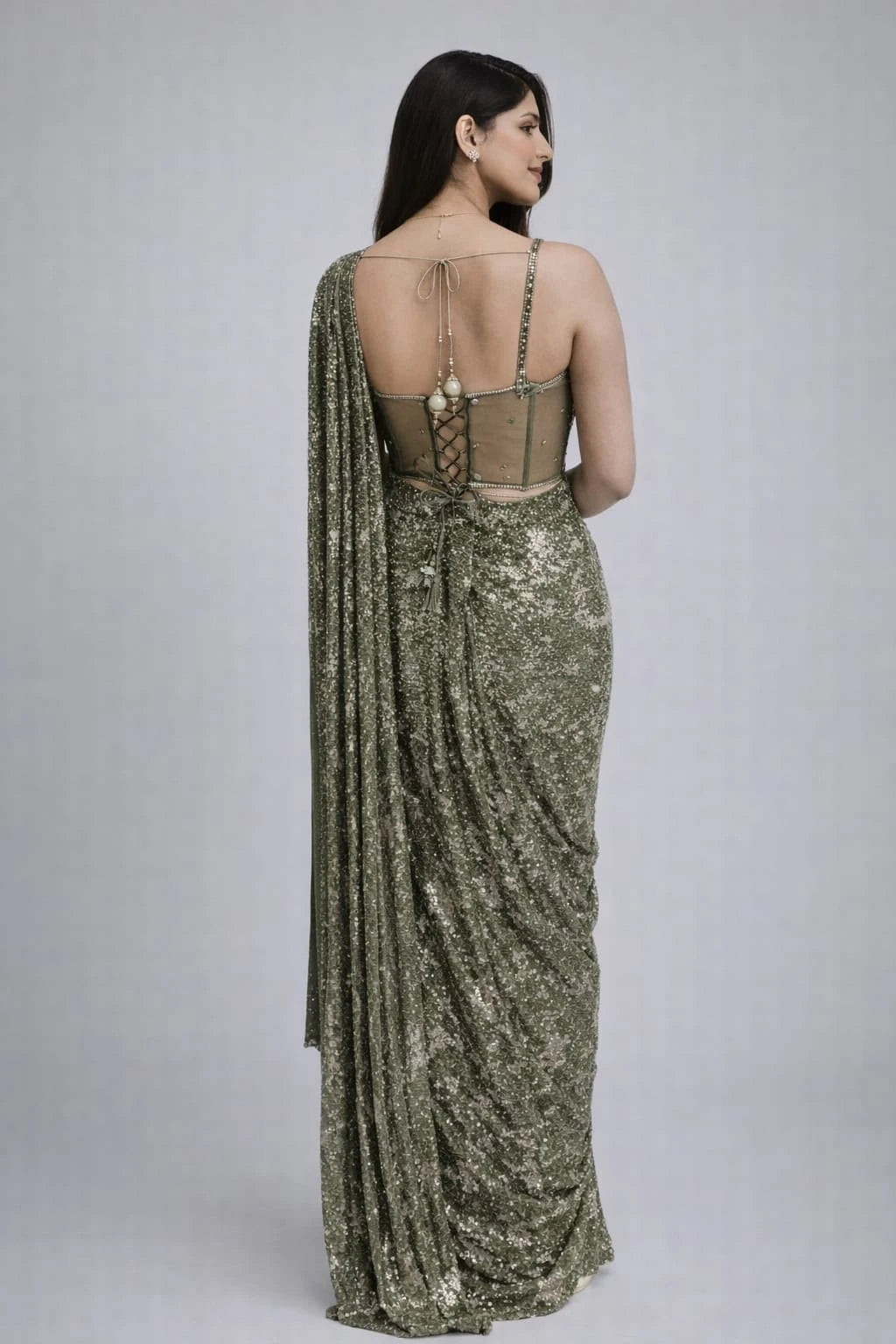 olive green drape saree