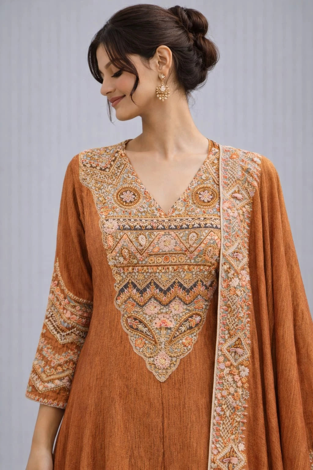 rust anarkali dress