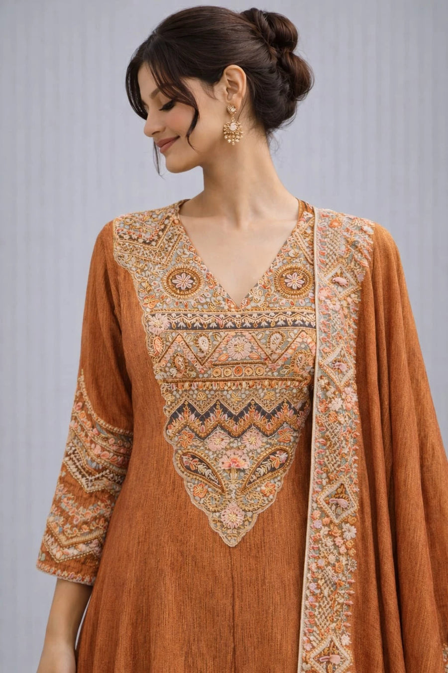 rust anarkali dress