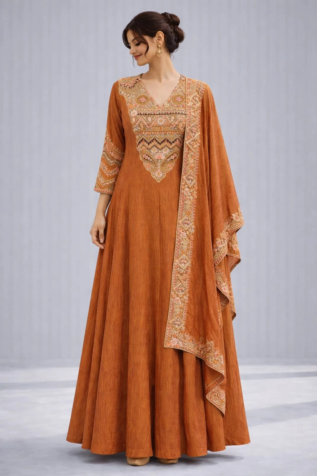 rust anarkali dress