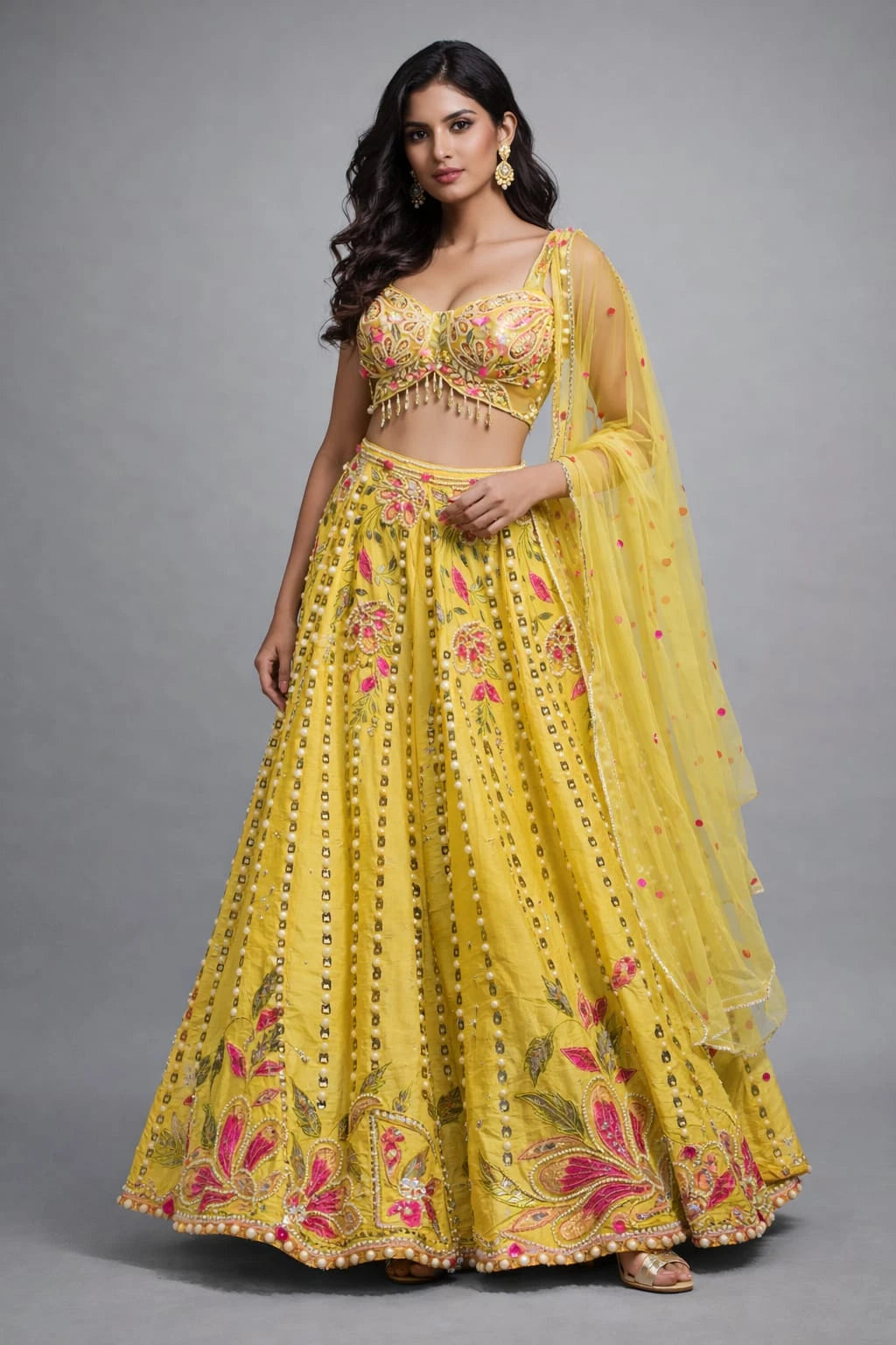 yellow embroidered lehenga