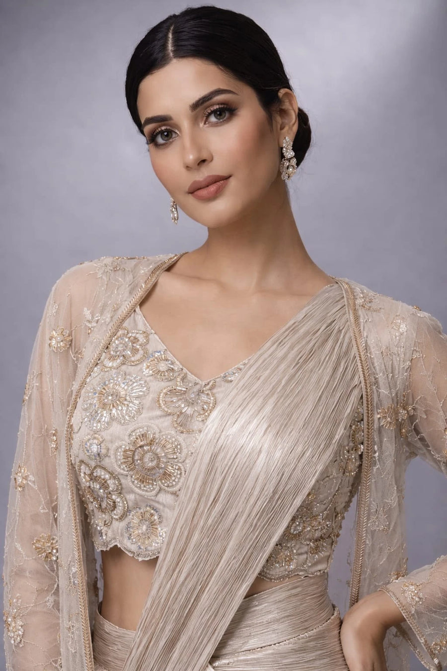 gold pre drape saree