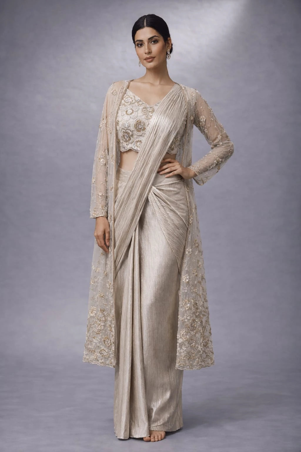 gold pre drape saree