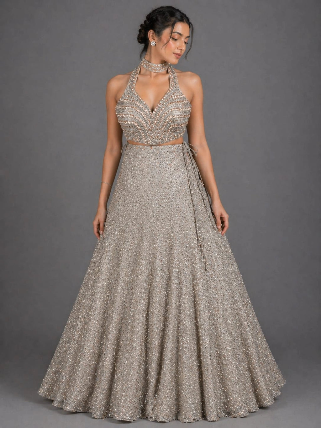 grey halter neck lehenga