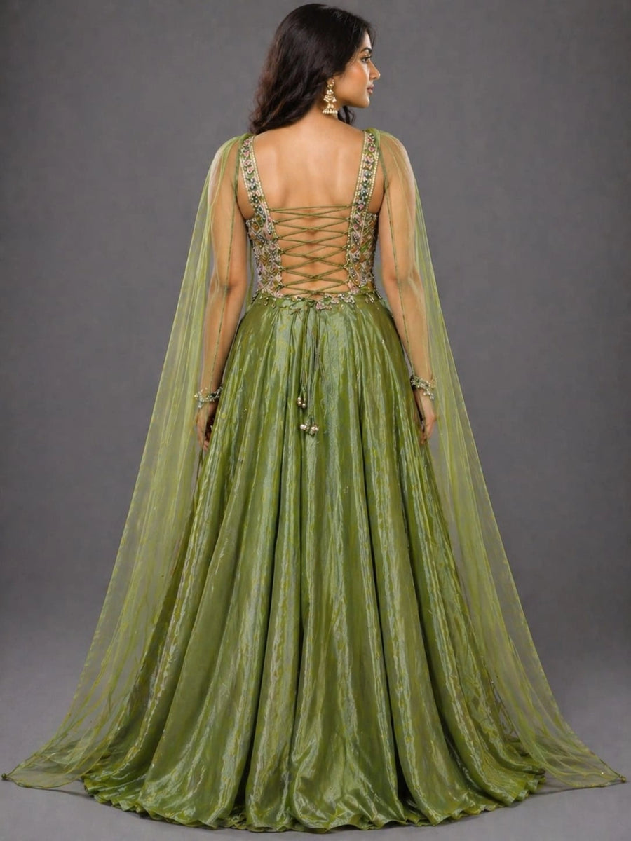 green cape lehenga