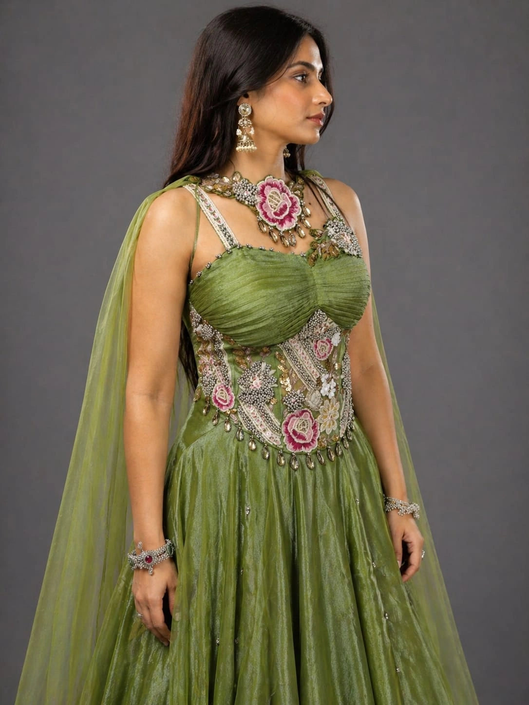 green cape lehenga