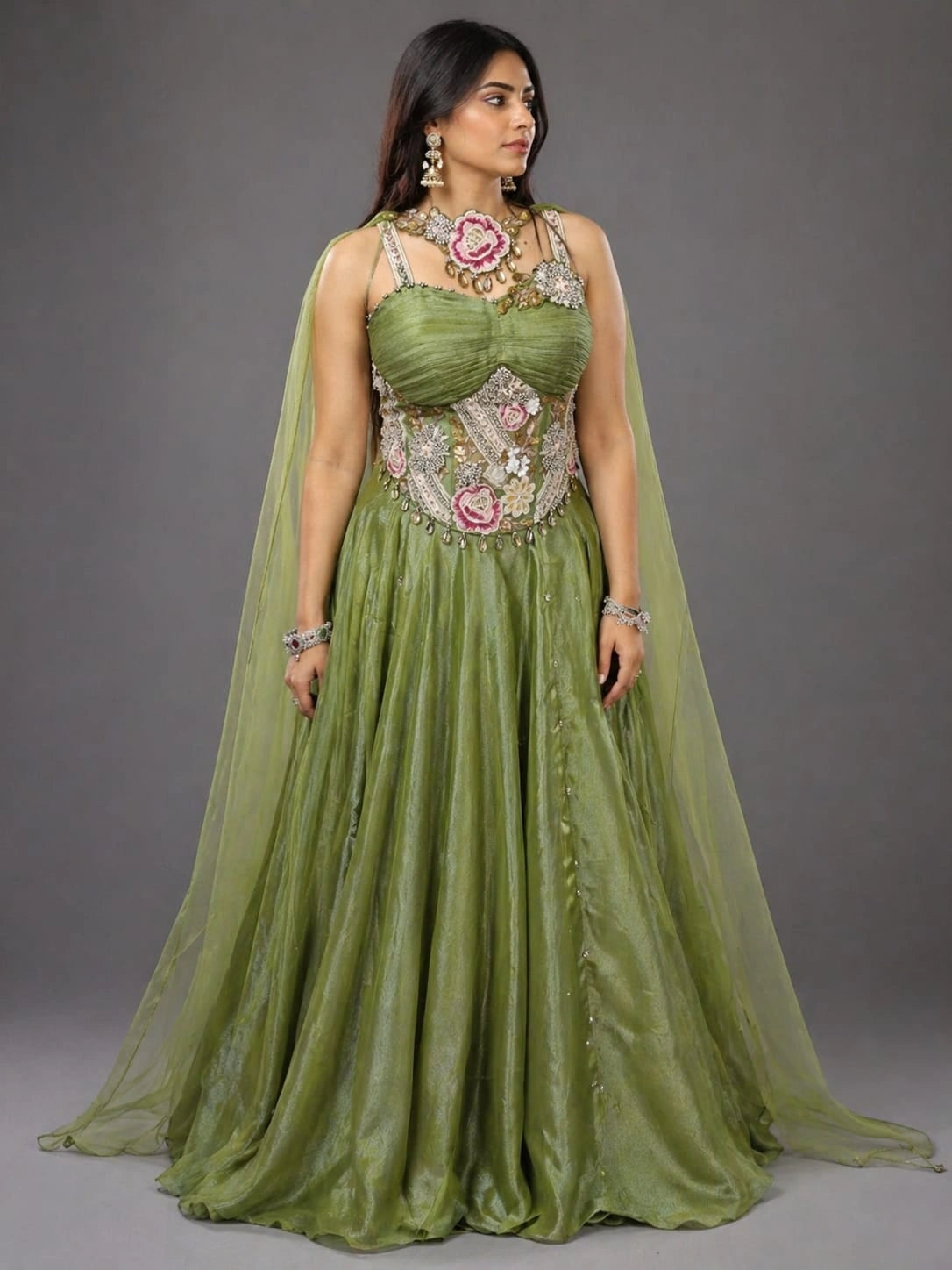 green cape lehenga