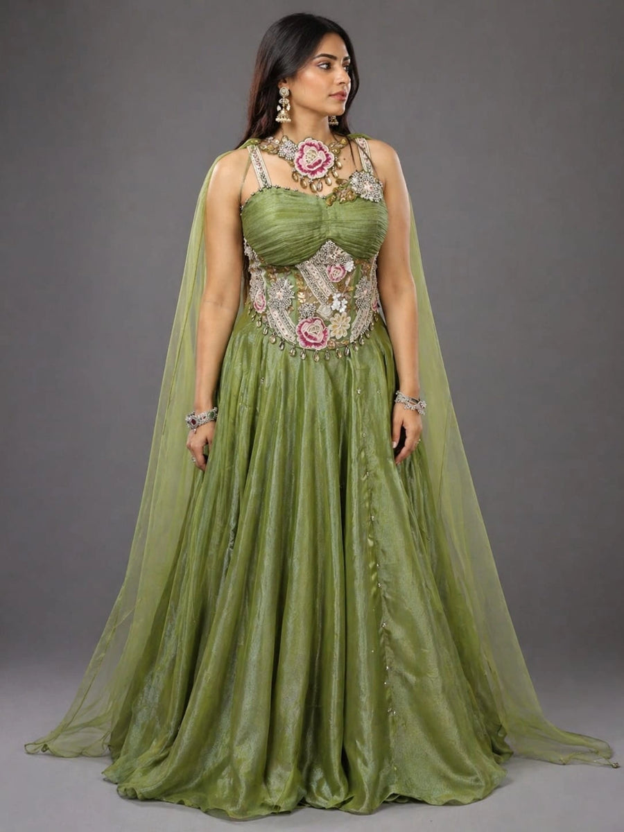 green cape lehenga