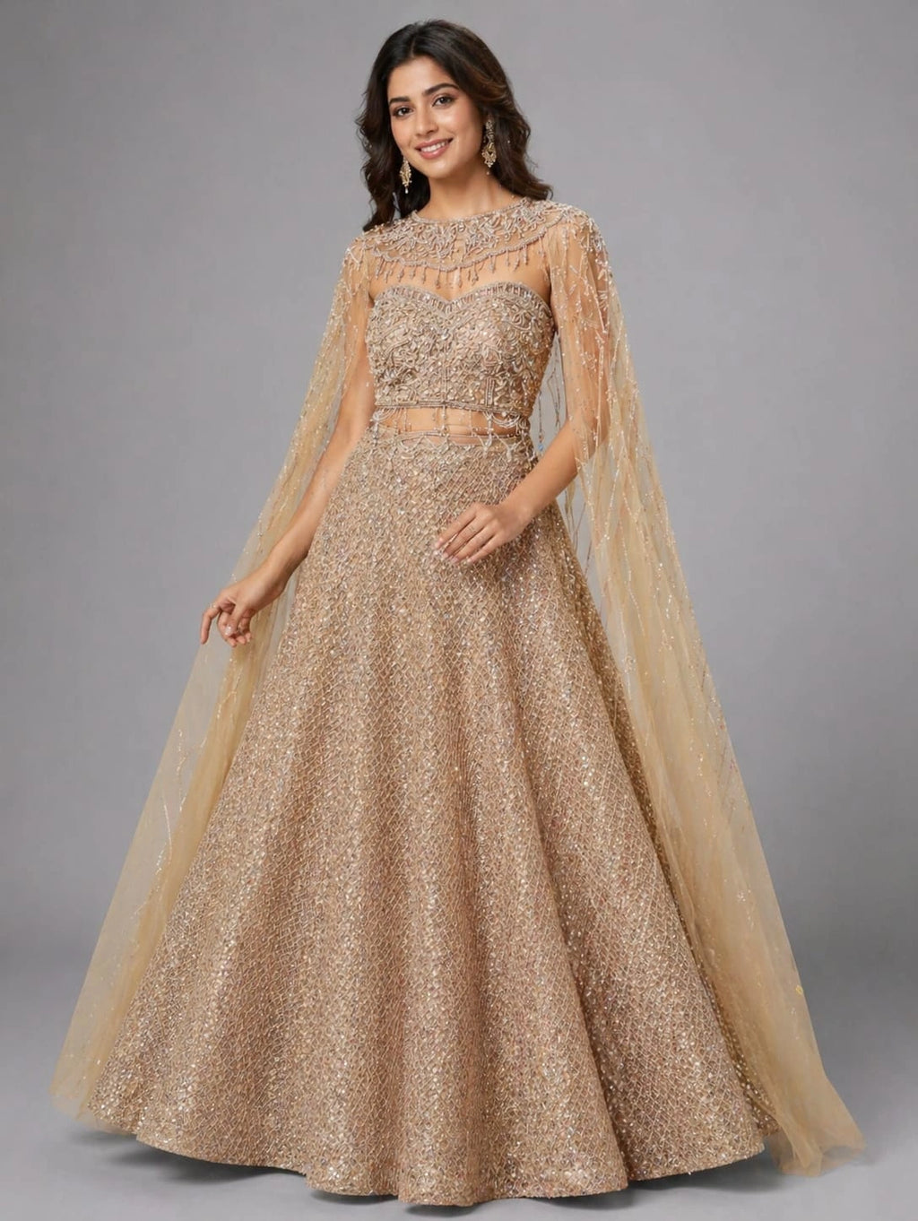 gold cape lehenga