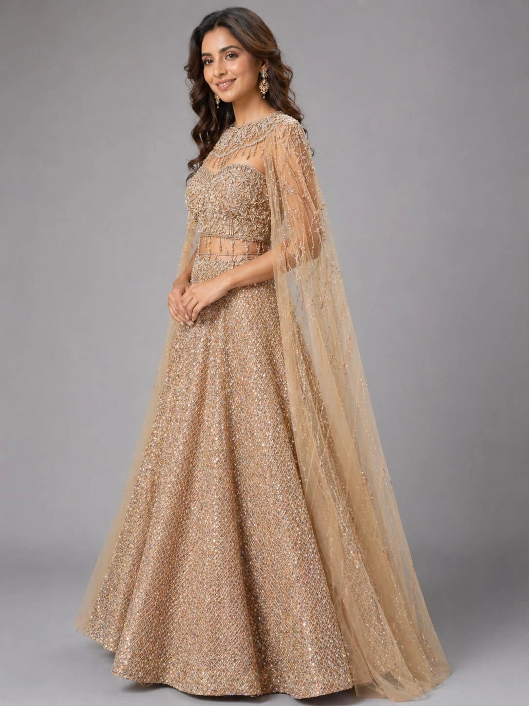 gold cape lehenga