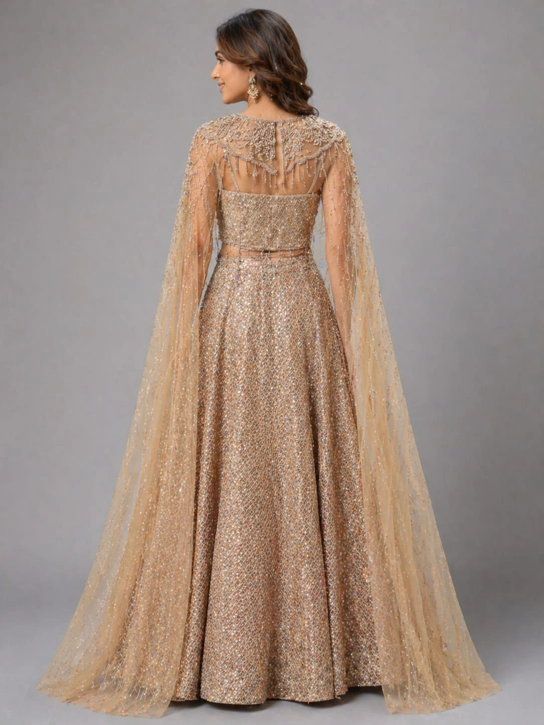 gold cape lehenga