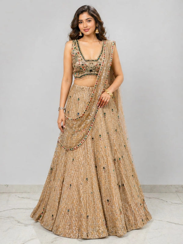 Gold Royal Embroidered Lehenga Set with Mirror Work