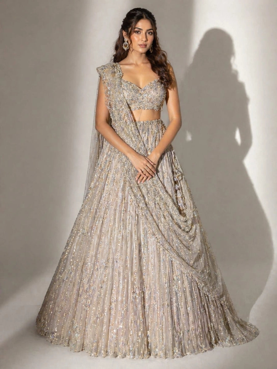gold drape dupatta lehenga