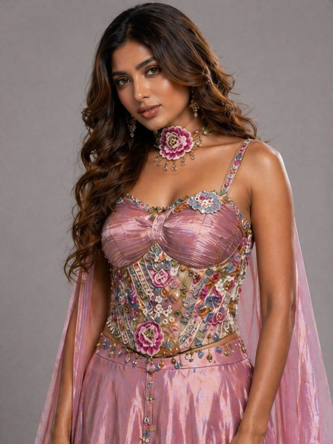 pink cape dupatta lehenga