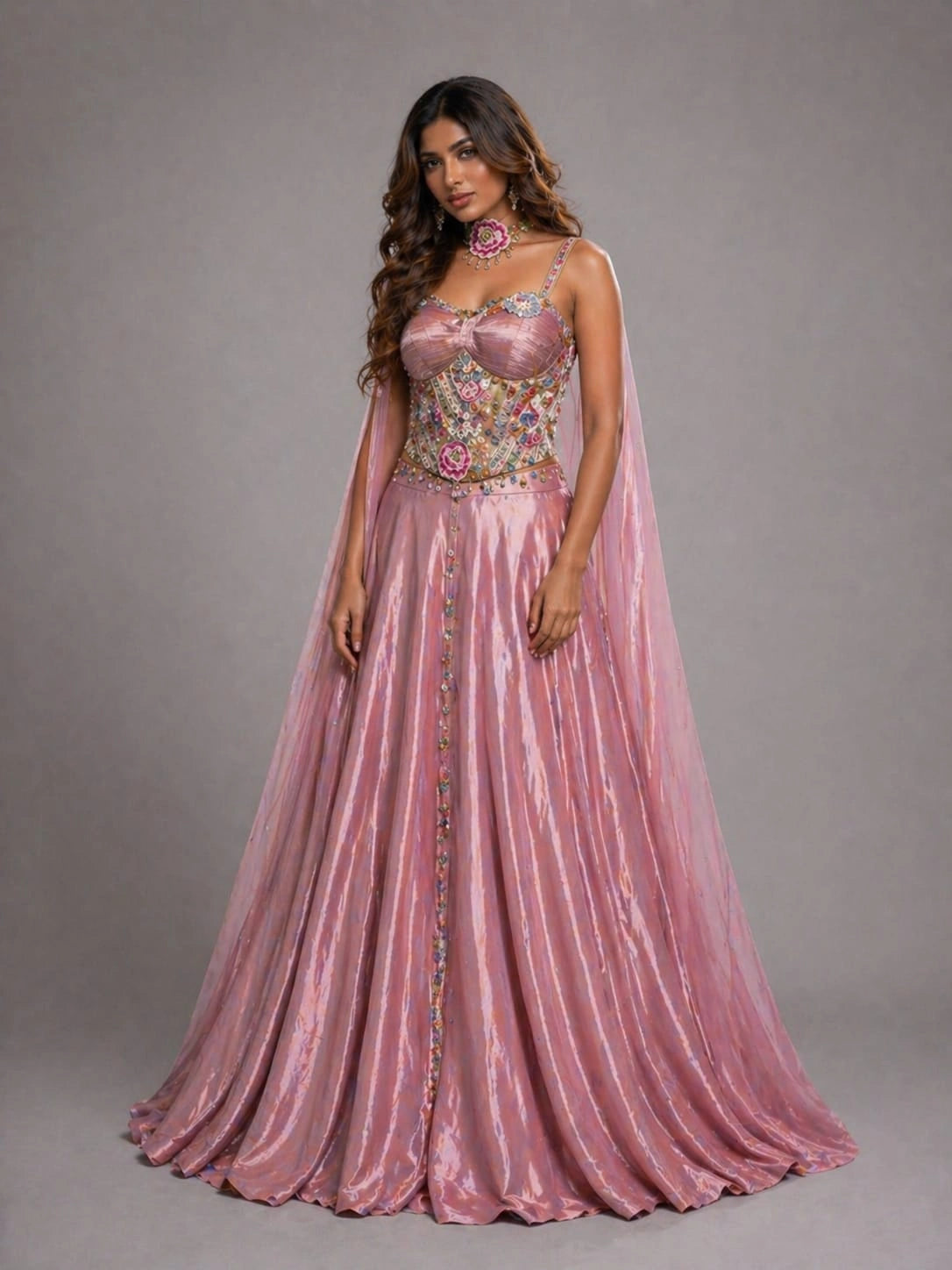 pink cape dupatta lehenga
