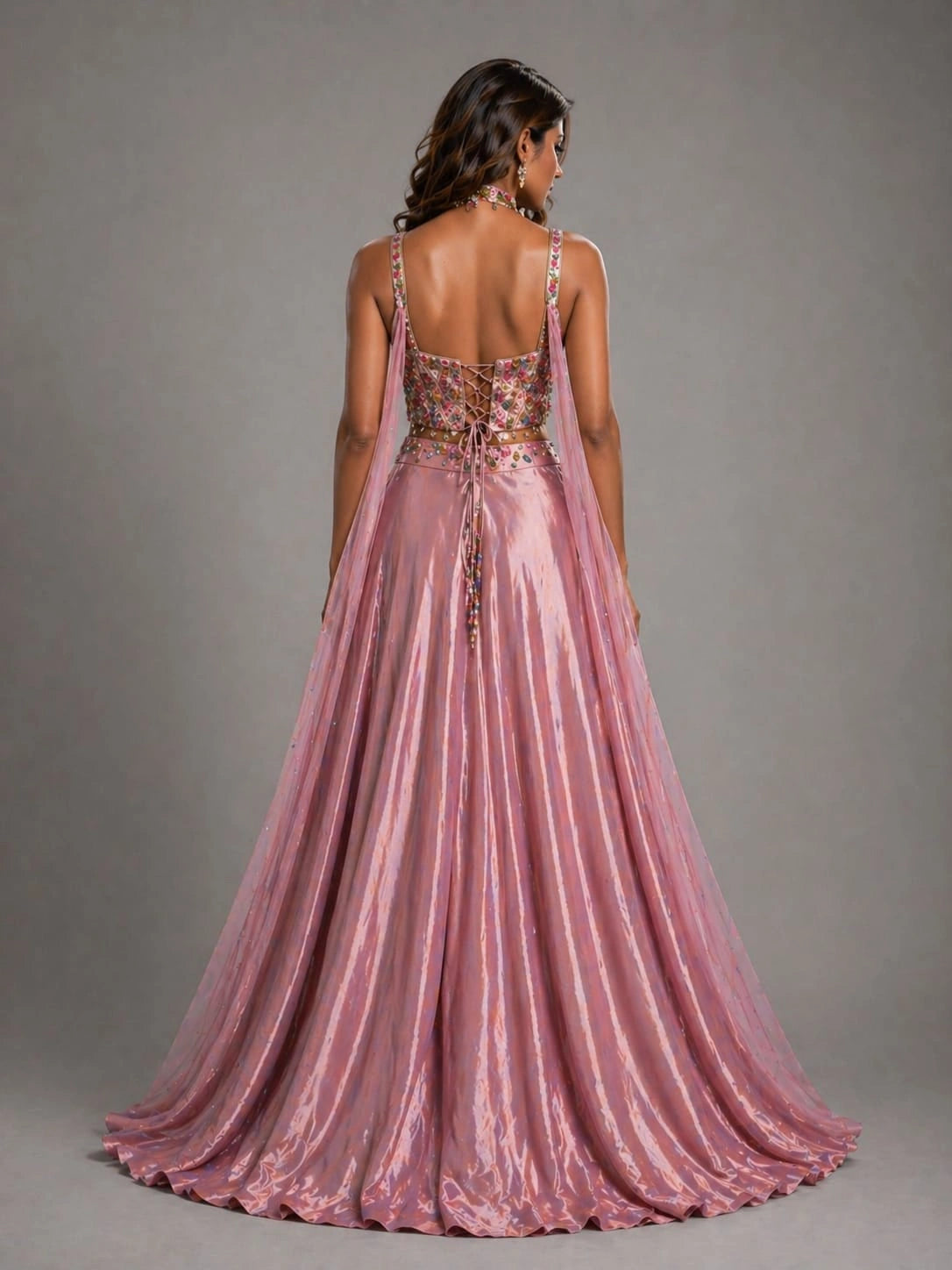 pink cape dupatta lehenga