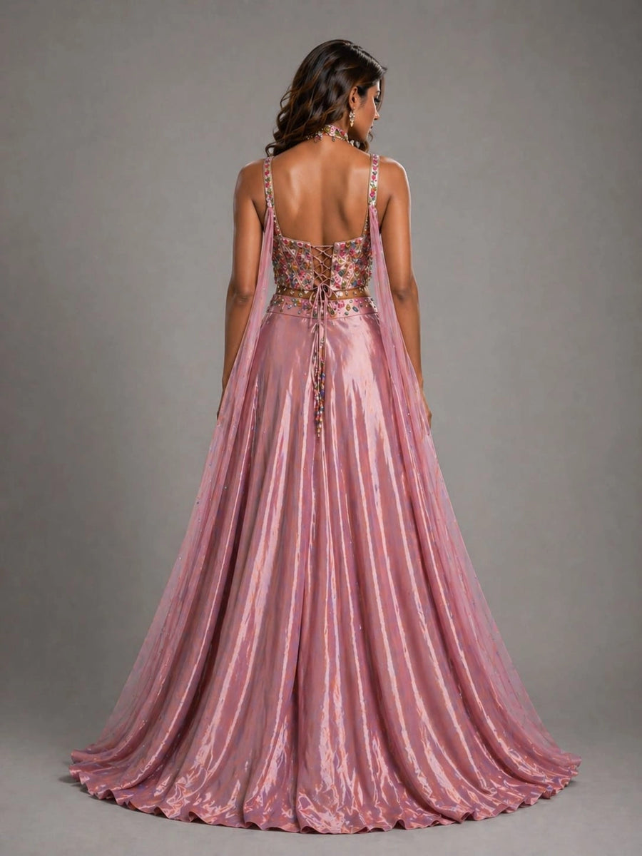 pink cape dupatta lehenga