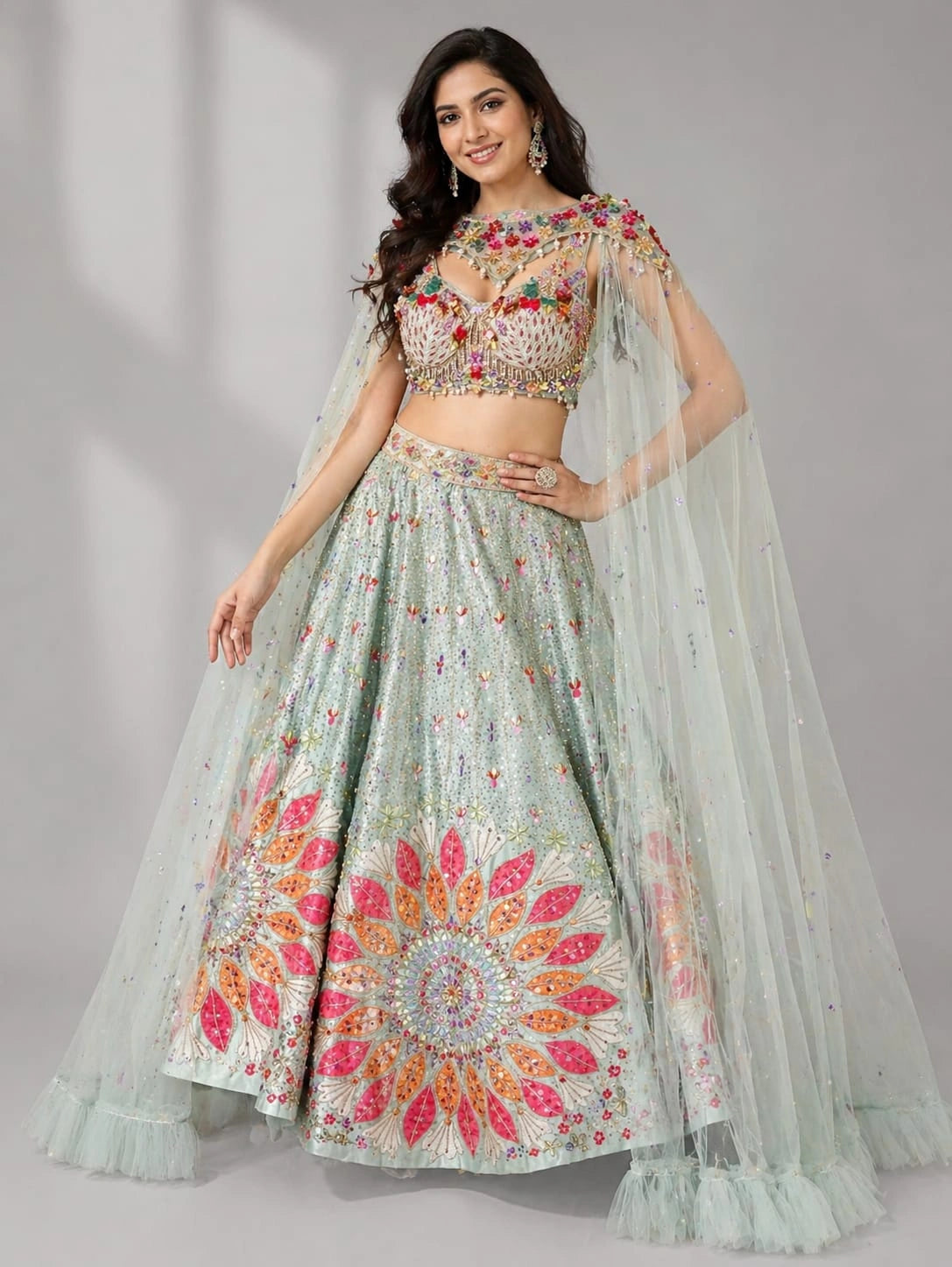 pista cape dupatta lehenga