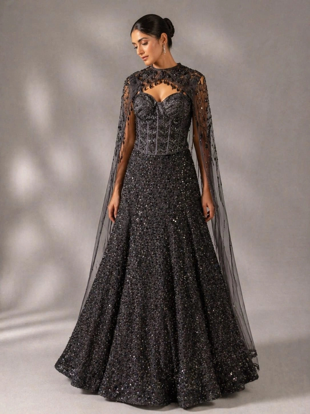 black lehenga cape