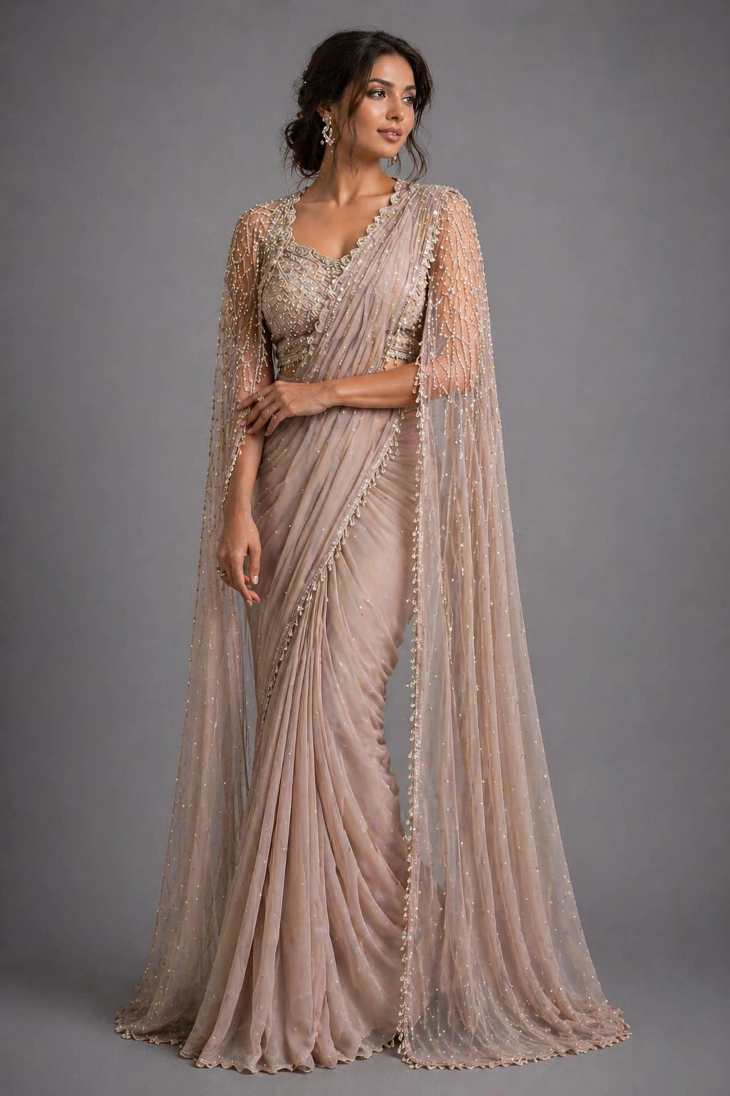 pink drape saree