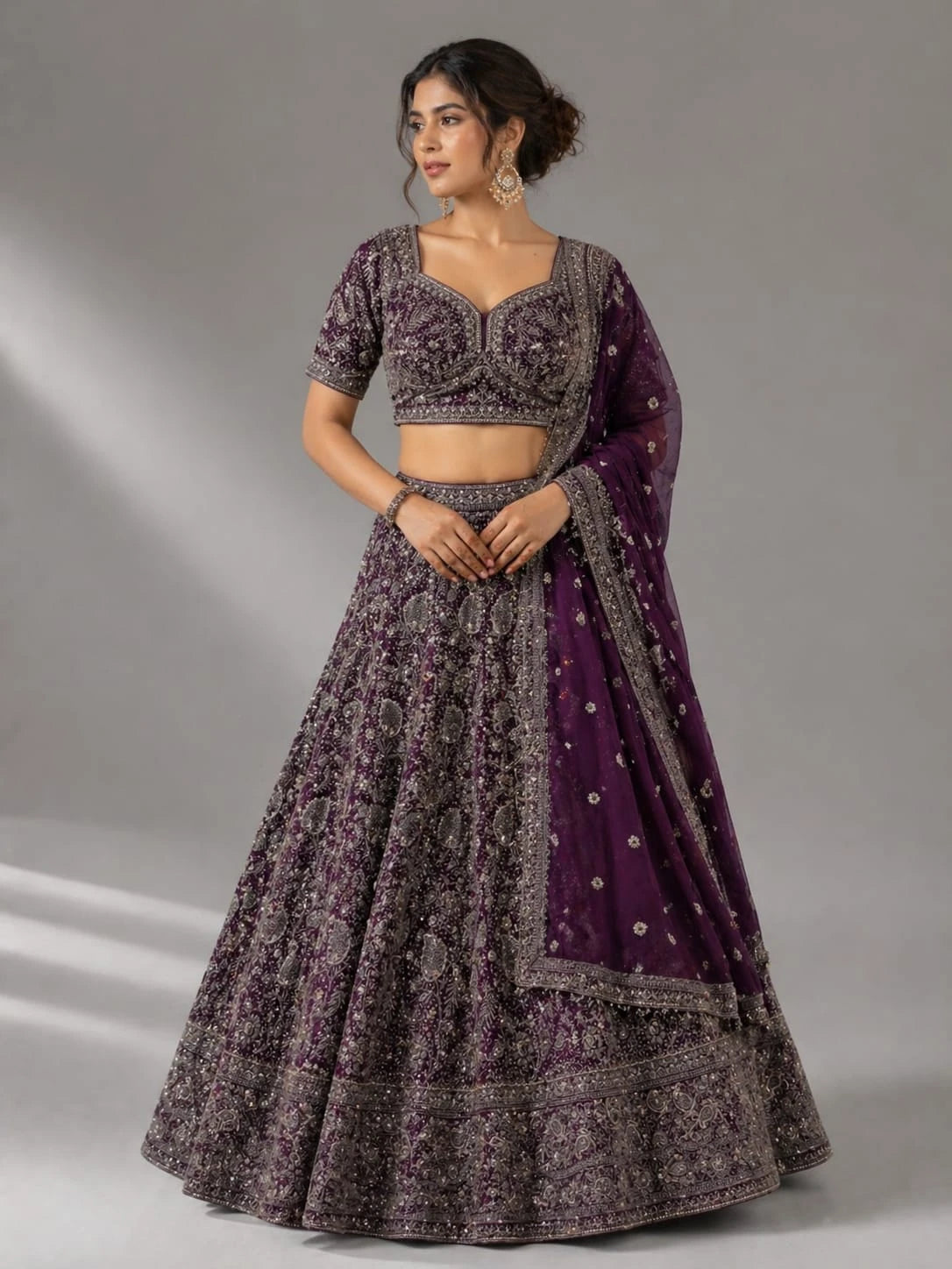 wine dupatta lehenga