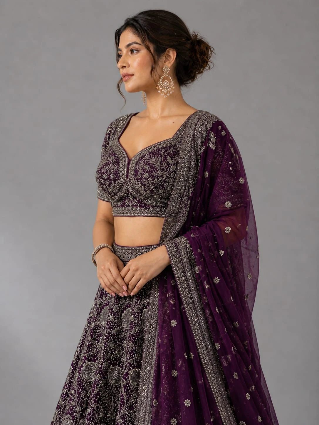 wine dupatta lehenga