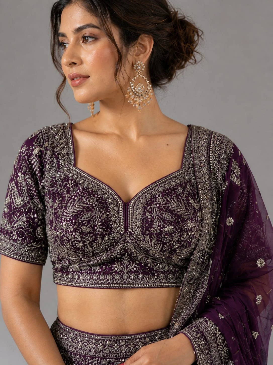 wine dupatta lehenga