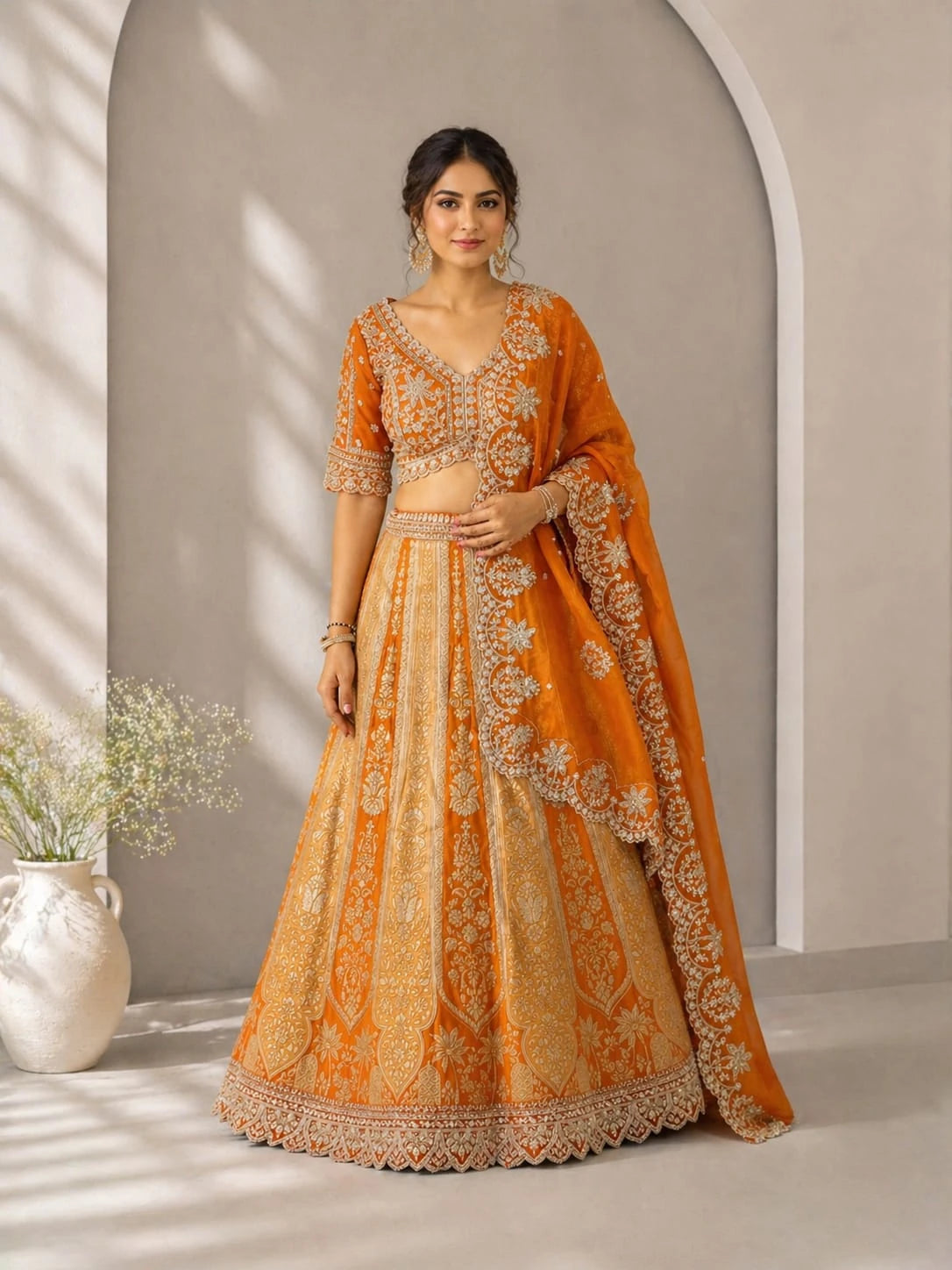rust dupatta lehenga