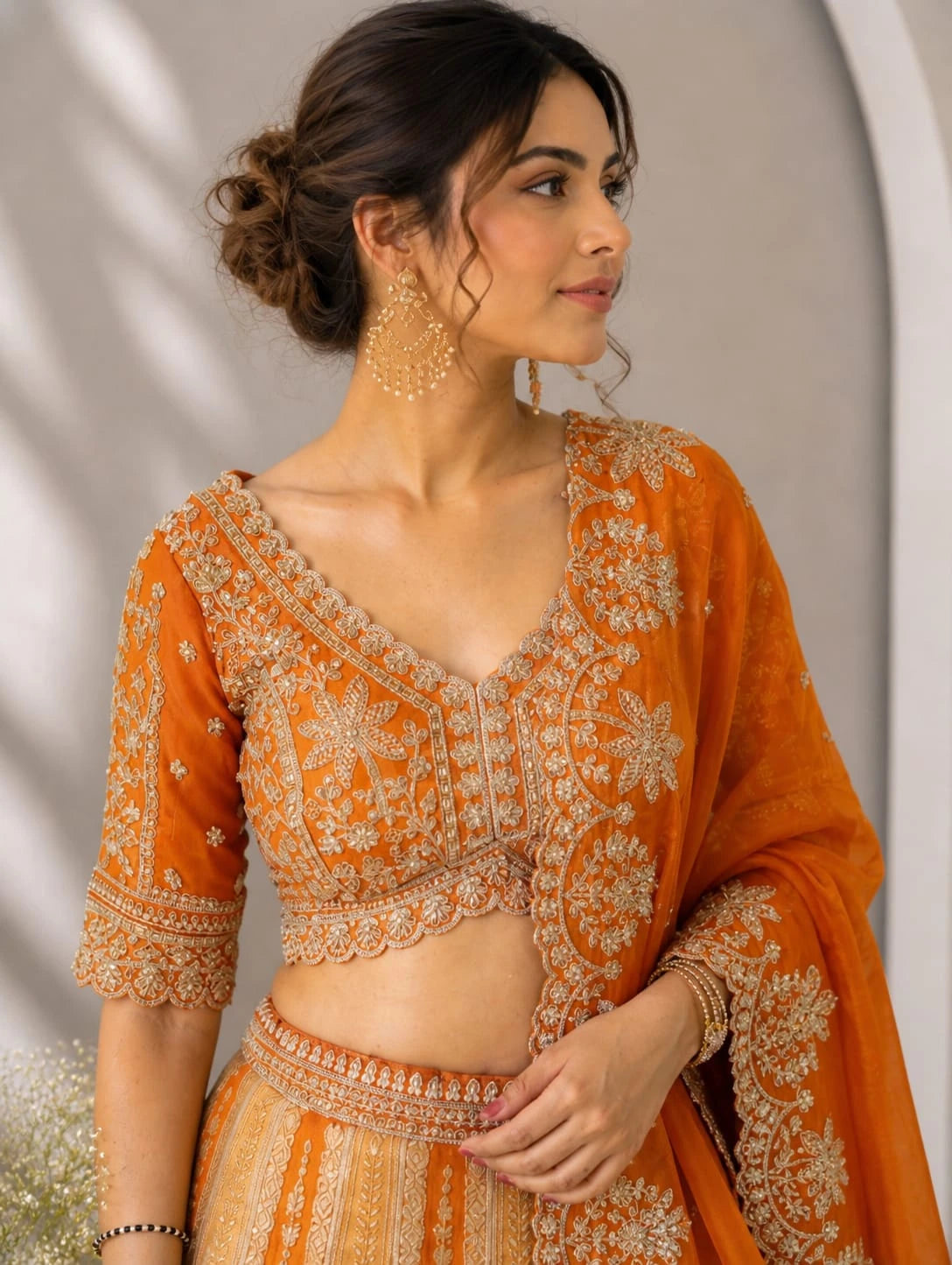 rust dupatta lehenga