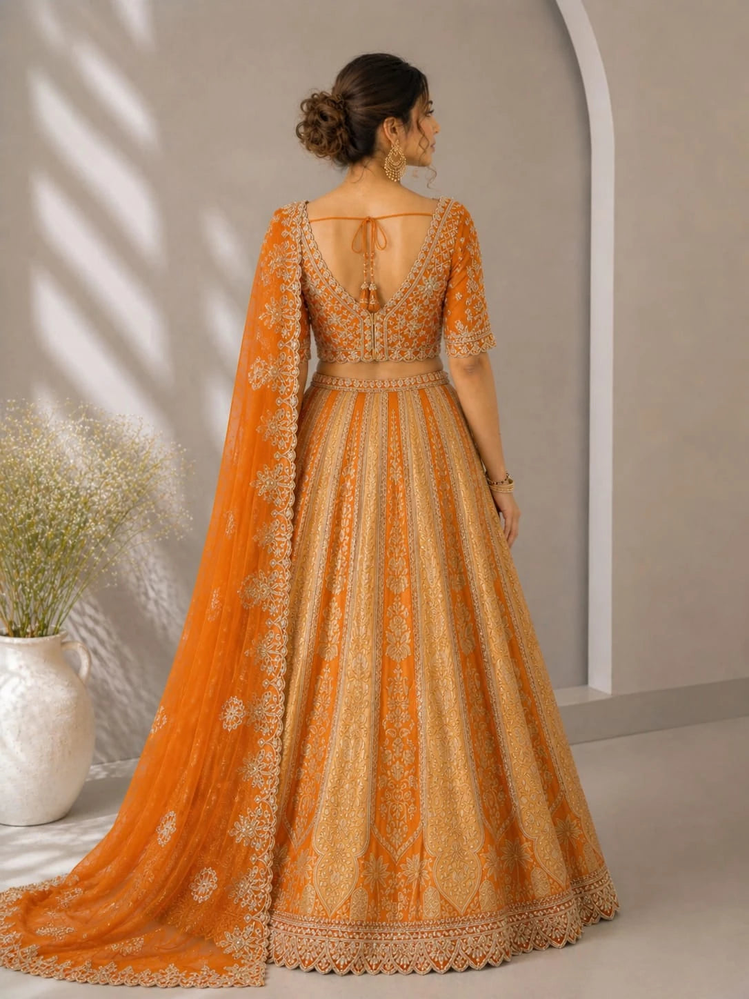 rust dupatta lehenga