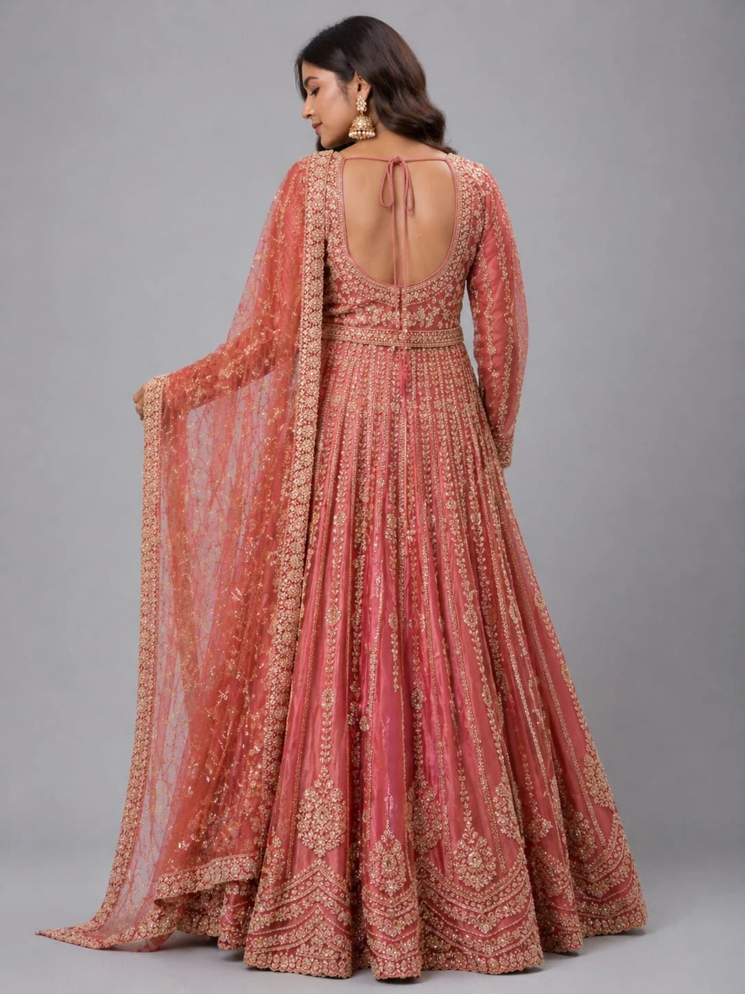 Brick Embroidered Indo-Western Anarkali Set with Dupatta
