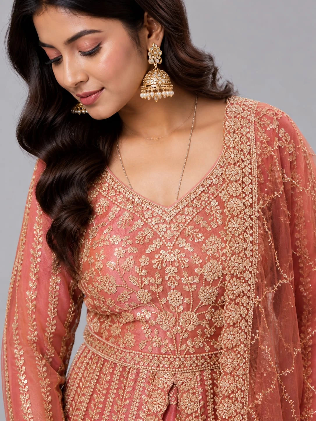 Brick Embroidered Indo-Western Anarkali Set with Dupatta