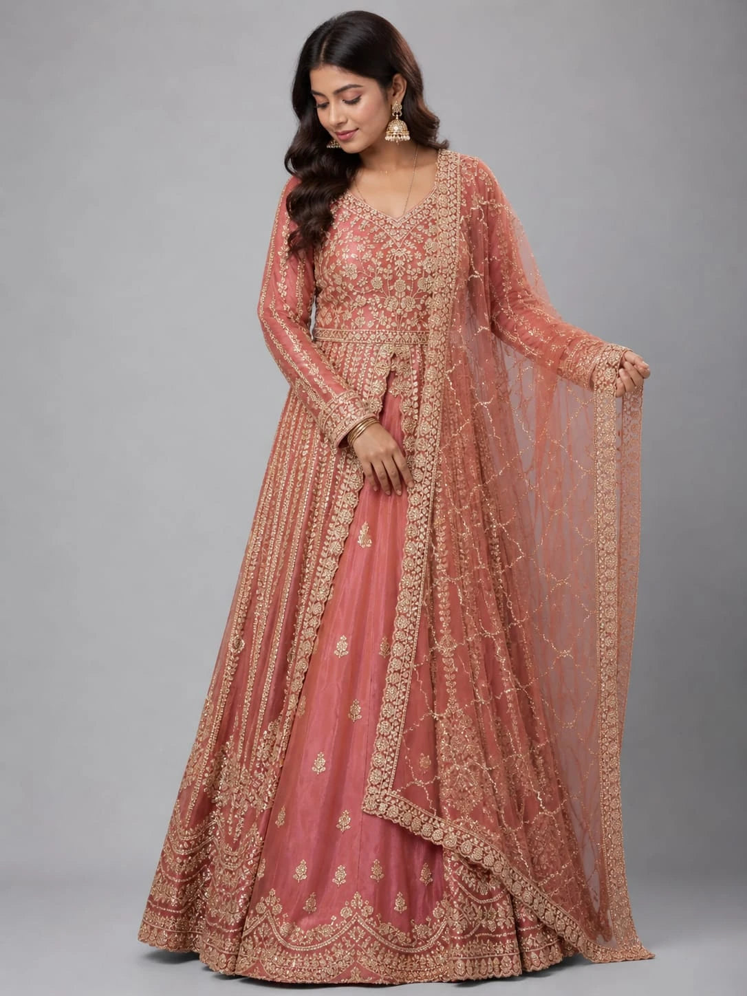 Brick Embroidered Indo-Western Anarkali Set with Dupatta
