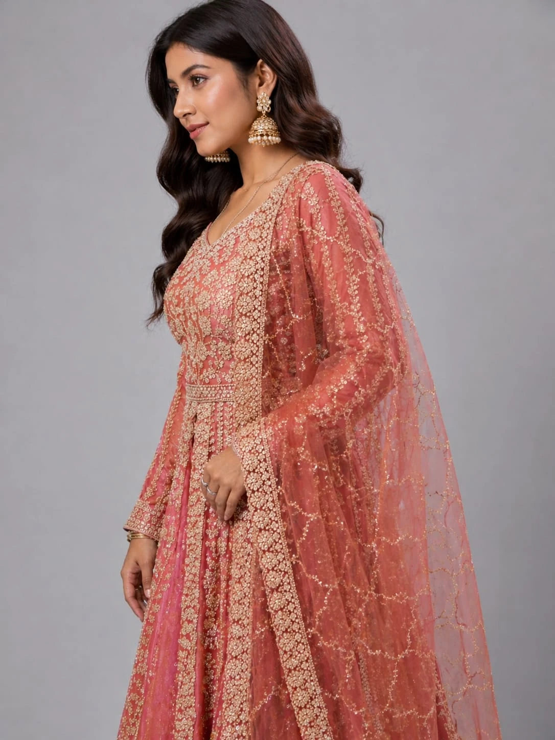 Brick Embroidered Indo-Western Anarkali Set with Dupatta