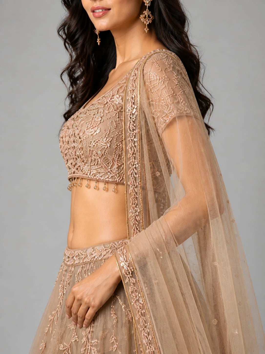 Peach Embroidered Lehenga Set with Net Dupatta