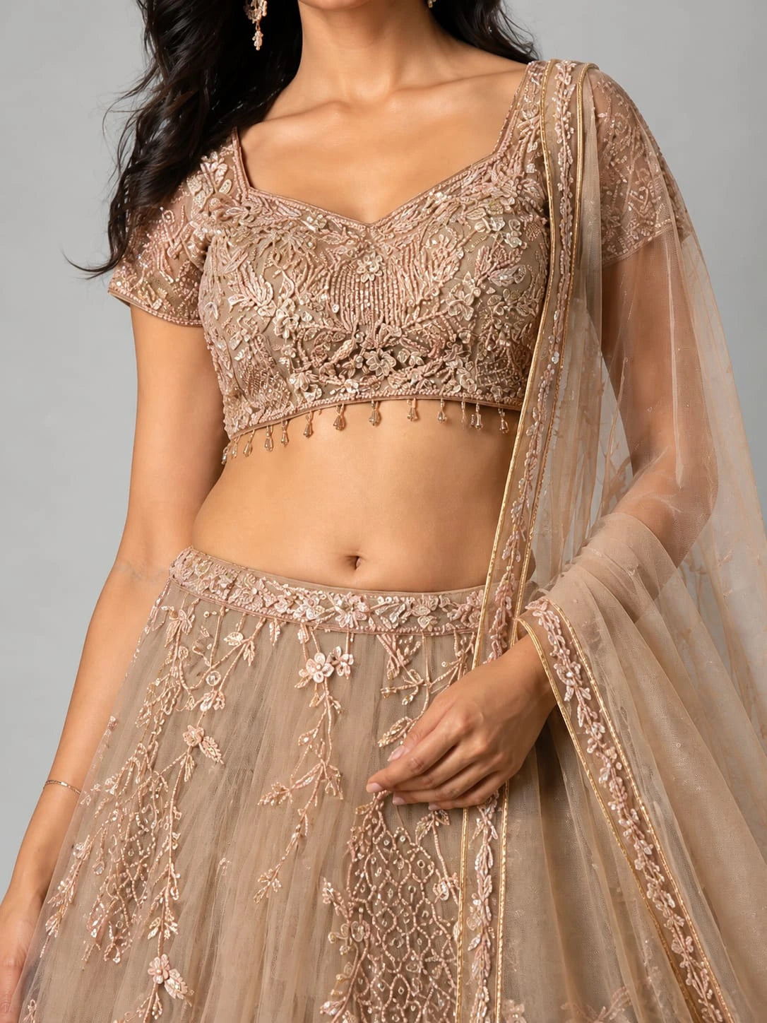 Peach Embroidered Lehenga Set with Net Dupatta
