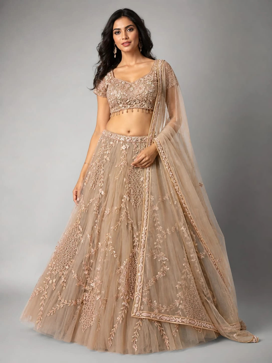 Peach Embroidered Lehenga Set with Net Dupatta