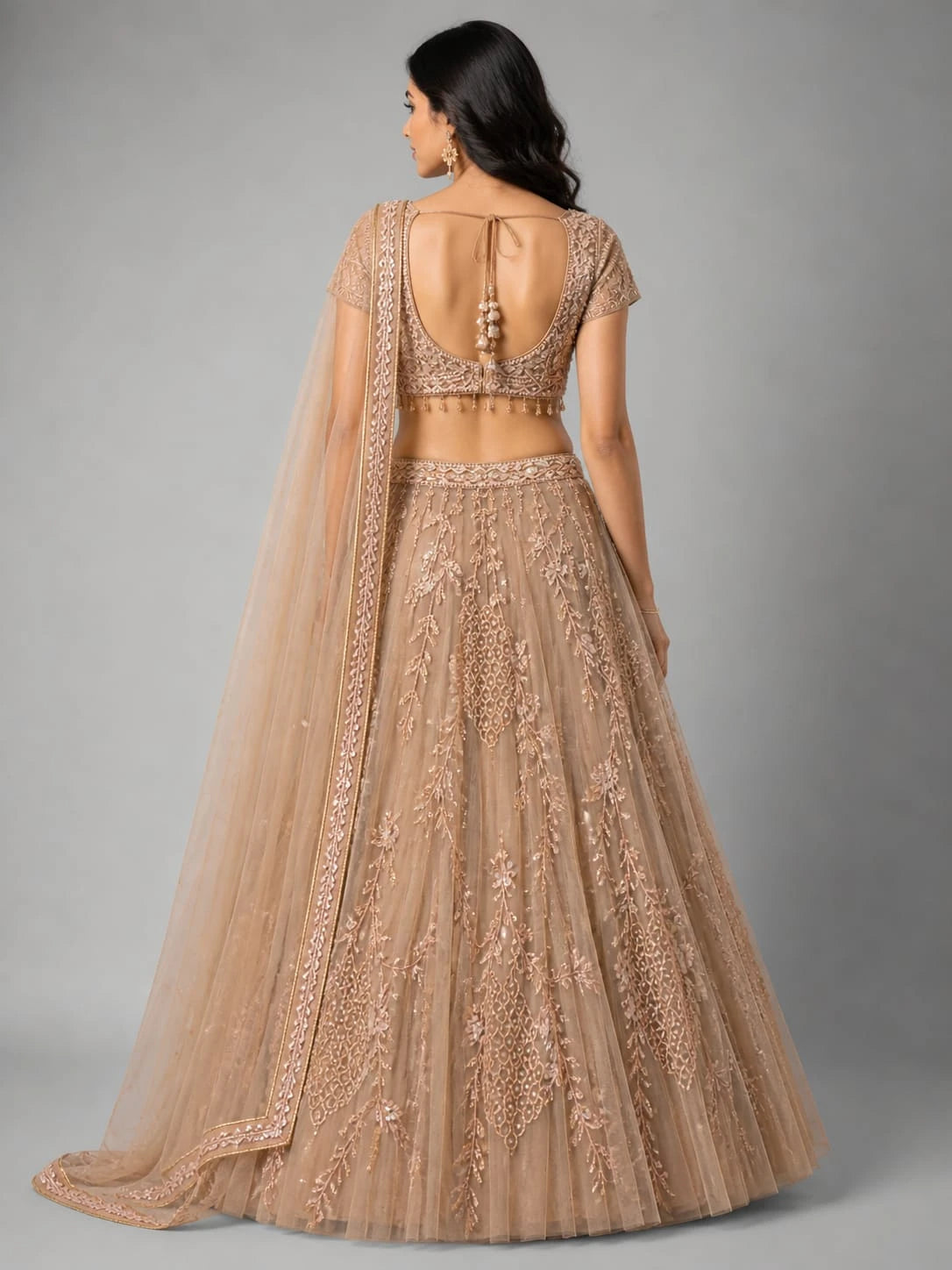 Peach Embroidered Lehenga Set with Net Dupatta